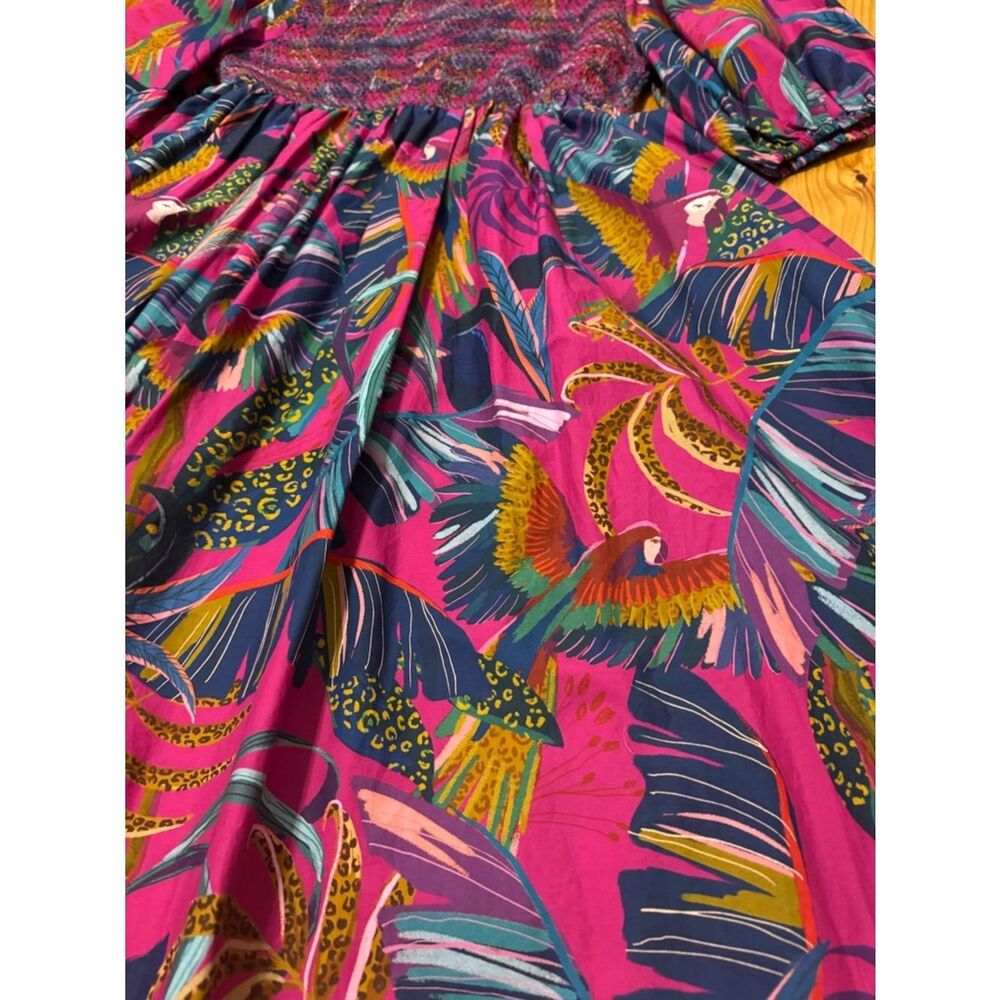 Farm Rio Rainbow Macaws Purple Puff Sleeve Smocked Midi Dress Women's SIZE XS - Picture 7 of 13